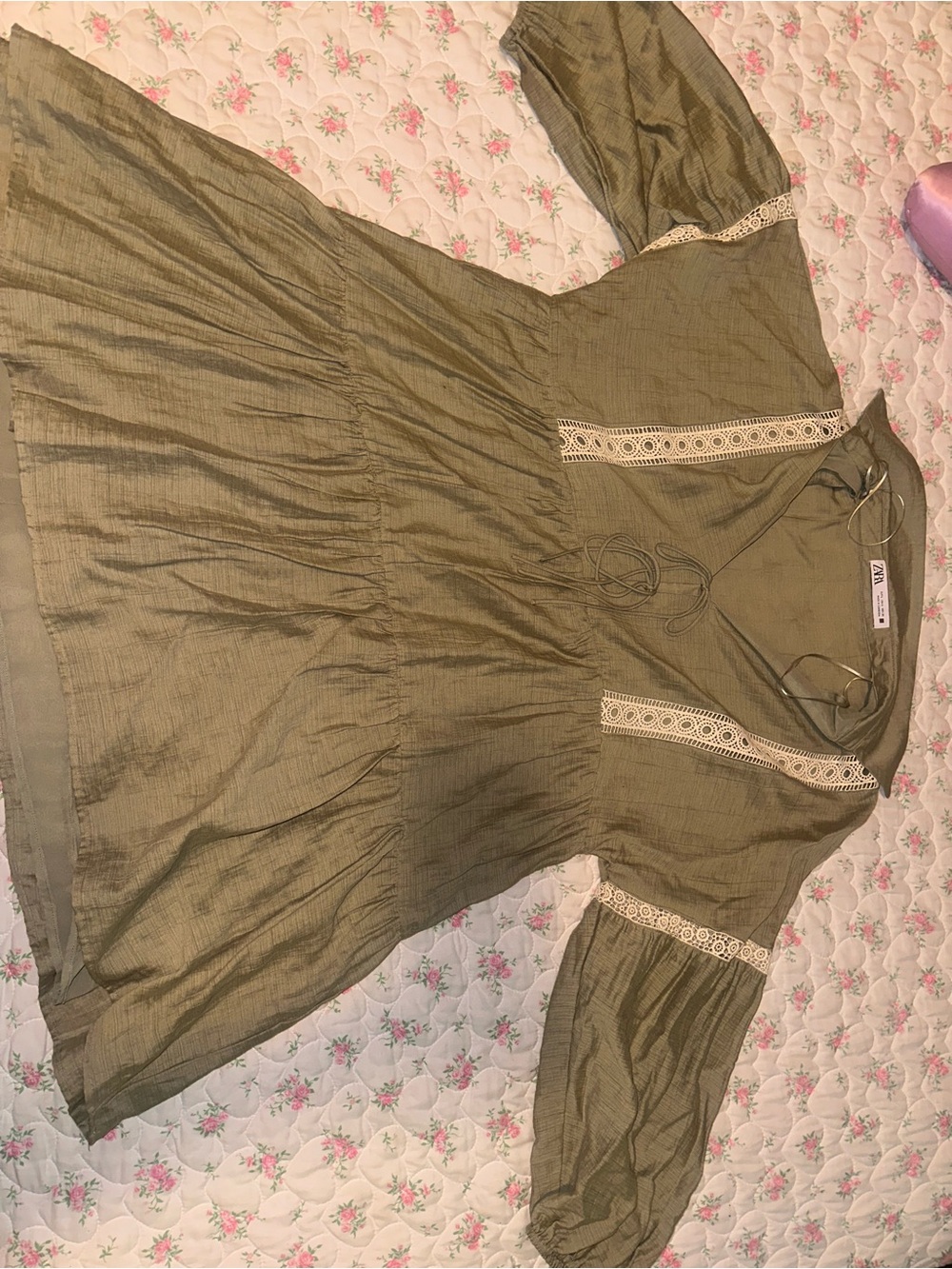 Zara Olive Green Boho Tunic Dress with Lace Trim